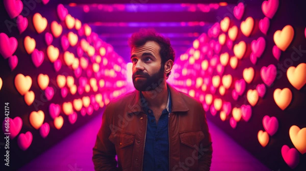 Fototapeta Handsome, confident man with a beard in a leather jacket standing in a hallway made of many glowing hearts, in the spirit of Valentine's Day