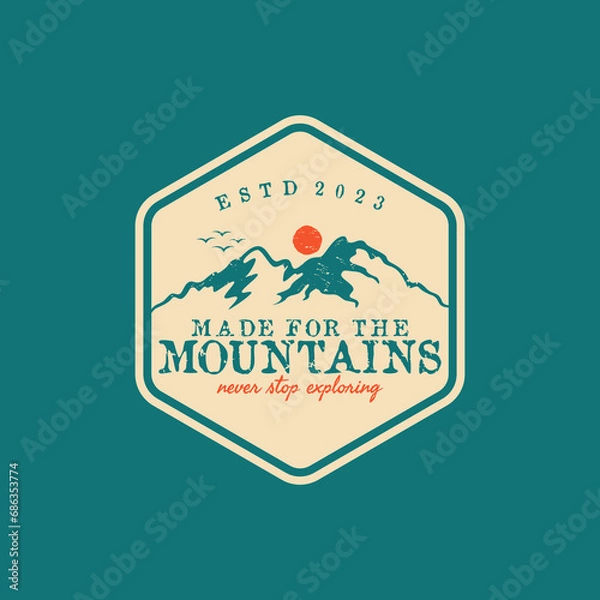Obraz vintage retro classic rustic grunge of sun sunrise sunset island mountain hills peaks rocky ice top mount landscape nature view silhouette with hexagon shield stamp label badge emblem logo design idea