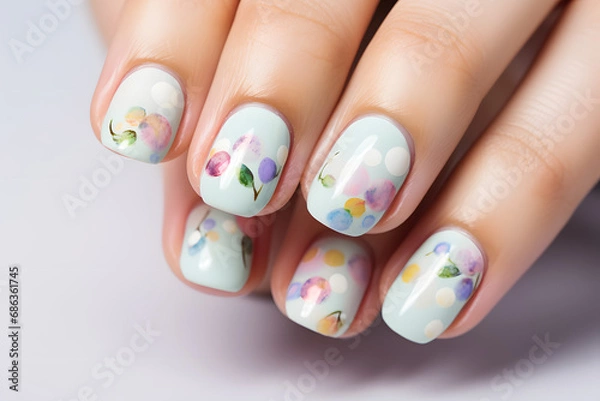 Fototapeta A close-up of Easter-themed nail art with pastel colors and tiny egg designs.