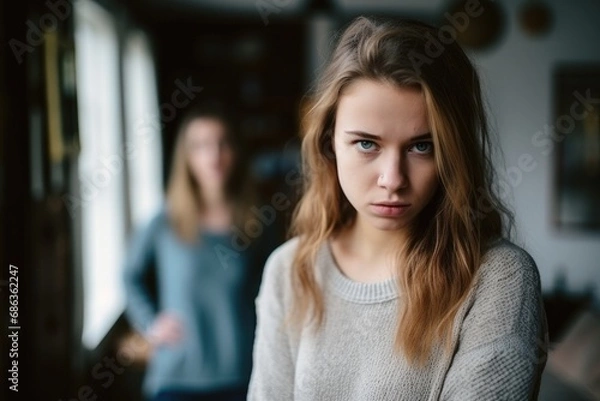 Obraz Close up offended girl in front and woman behind avoid to talk after quarrel at home, upset teen daughter and middle aged mum argument, two generation conflict concept
