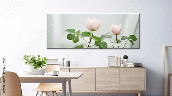 Fototapeta beautiful blooming lotus flowers with green leaves arranged on a light grey table, in a minimalist and modern style, leaves ample space for text.