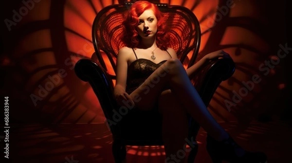 Obraz An illustration of an attractive and beautiful red-haired model girl in studio shooting conditions with lots of light expressions and necessary shadows