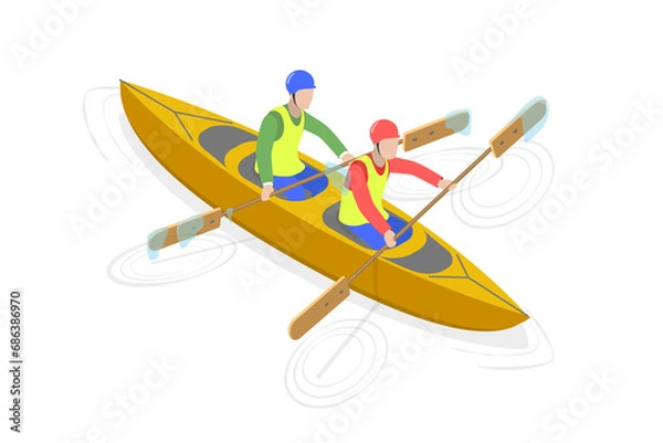 Fototapeta 3D Isometric Flat  Illustration of Rafting Sport Competition, Extreme Activity at River Stream