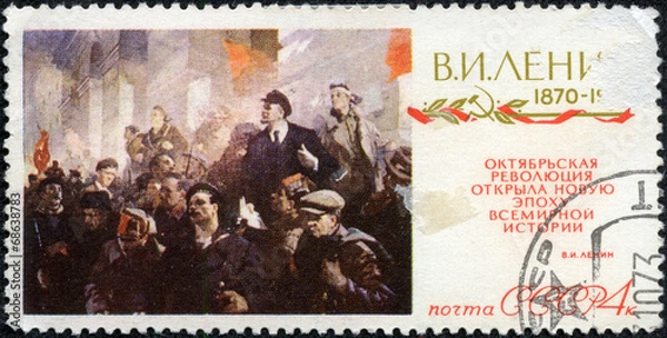 Fototapeta Stamp shows Conversation with V.I. Lenin, by V. A. Serov