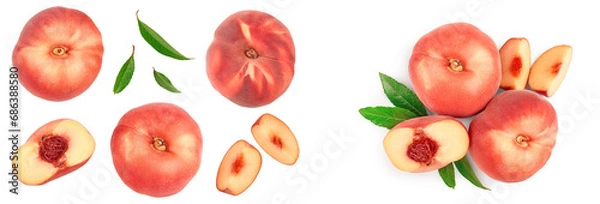 Fototapeta Ripe chinese flat peach fruit and half with leaf isolated on white background. Top view. Flat lay