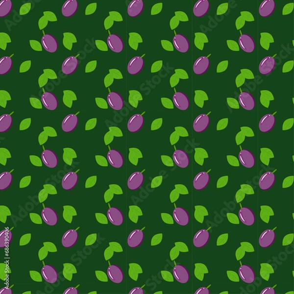 Fototapeta A seamless pattern with plums on green background, vector illustration, eps