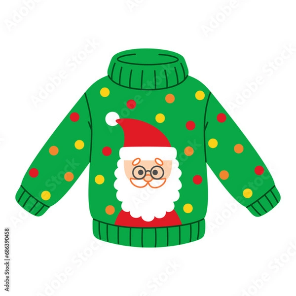 Fototapeta Christmas ugly sweater with Santa Claus. New Year funny jumper in cartoon flat style. Isolated festive winter clothes vector illustration on a white background. Perfect for holiday design.