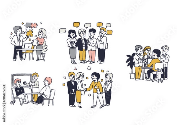 Obraz 会話をして仕事を進めるビジネスチームのイラストセット　コミカルな手書きの人物　ベクター、線画にカラー
