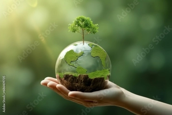 Fototapeta Hand of human holding green earth with tree for ESG, co2, and net zero.Concept of World sustainable environment, Save our Planet, World Environment Day, World Earth Day. generative ai.