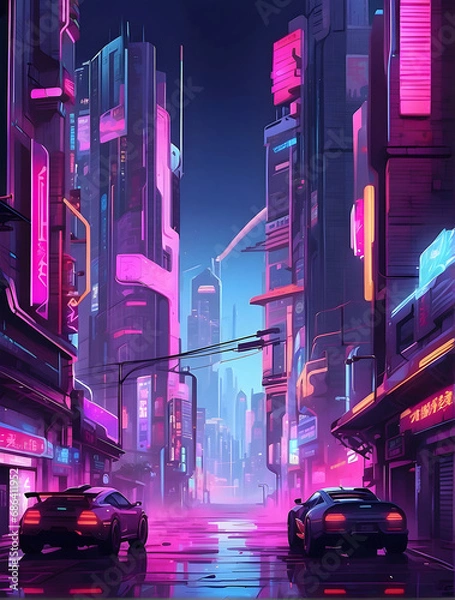 Fototapeta cyberpunk anime cityscape with vibrant neon lights empty background