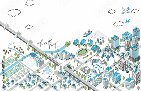 Obraz 自然と調和する海沿いの街並みの俯瞰イラスト（白背景）