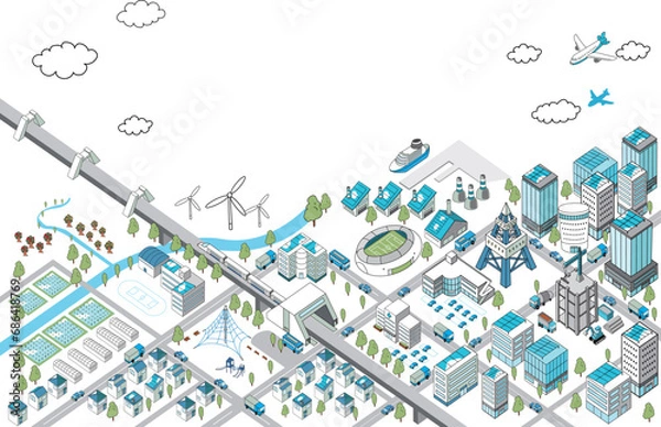 Obraz 自然と調和する海沿いの街並みの俯瞰イラスト（白背景）