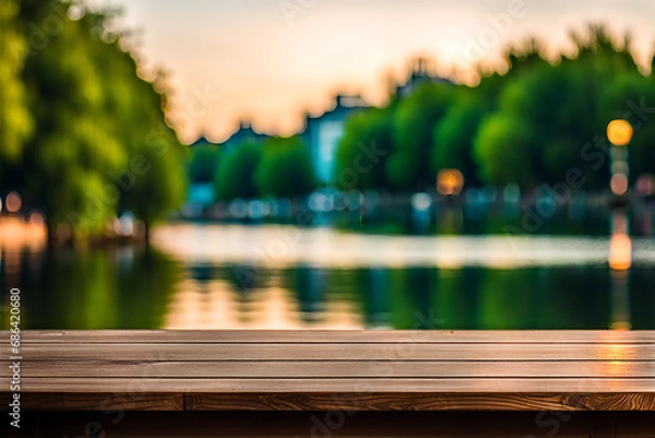 Obraz Empty wood tabletop or counter with display product. Blur image of lakes and green leaves bokeh background. Display product background