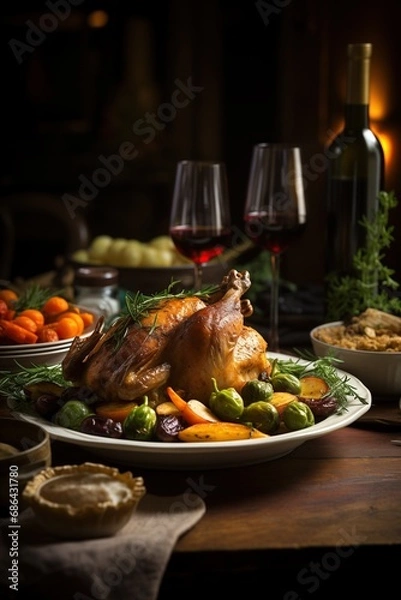Fototapeta beautifully roasted chicken with winter vegetables on a festive table, promising a sumptuous and comforting meal for family gatherings