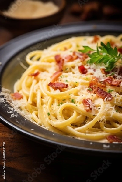 Fototapeta creamy carbonara or hearty pasta with grated cheese, showcasing the richness and textures in a cozy winter setting with culinary allure