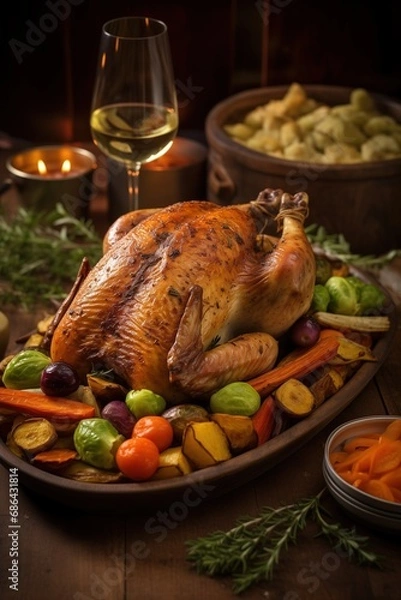 Fototapeta beautifully roasted chicken with winter vegetables on a festive table, promising a sumptuous and comforting meal for family gatherings