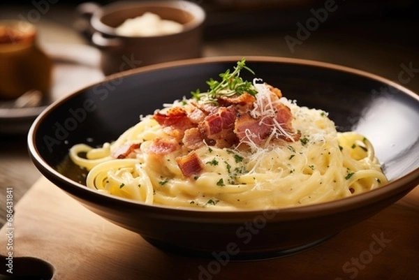 Fototapeta creamy carbonara or hearty pasta with grated cheese, showcasing the richness and textures in a cozy winter setting with culinary allure