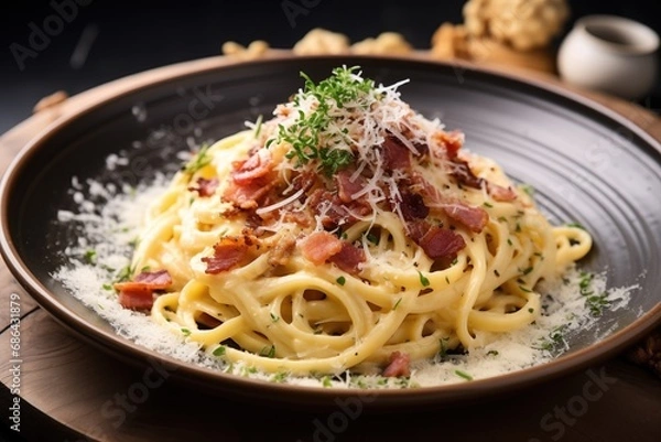 Fototapeta creamy carbonara or hearty pasta with grated cheese, showcasing the richness and textures in a cozy winter setting with culinary allure