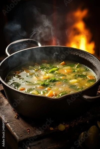 Fototapeta hearty winter soup in a cast-iron pot, evoking warmth and comfort with steam rising delicately. Perfect for showcasing seasonal comfort in culinary settings
