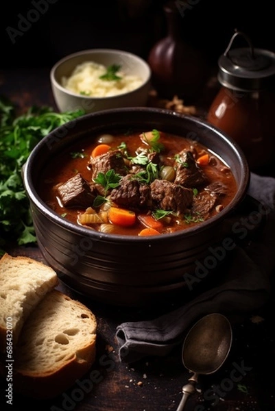 Fototapeta mug filled with steaming beef or vegetable stew, alongside freshly baked bread, presenting a heartwarming winter dish with cozy charm