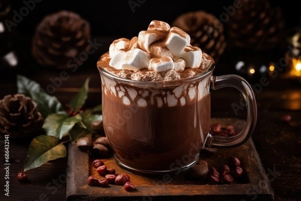 Fototapeta steamy mug of rich hot cocoa topped with whipped cream and marshmallows against a snowy backdrop, inviting cozy moments of winter indulgence