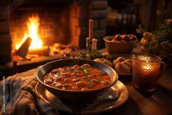 Fototapeta plated meal near a crackling fireplace, creating a cozy atmosphere with a bowl of chili or a baked casserole, perfect for winter indulgence