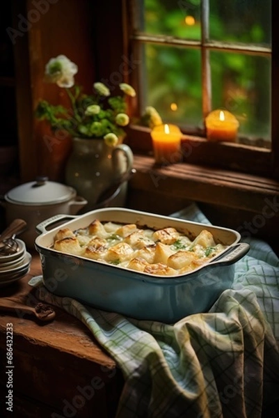 Fototapeta freshly baked casserole dish, capturing the bubbling goodness fresh out of the oven on a rustic table, promising cozy comfort with every bite