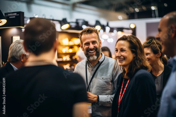 Fototapeta Close up picture of a happy and laughing staff or participant people group listening to a startup business owner at a trade show exhibition event. Generative AI.