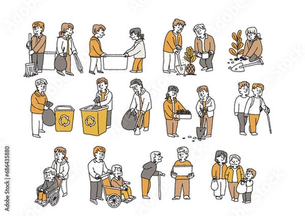 Obraz ボランティアをしている人物のイラストセット　コミカルな手書きの人物　ベクター、線画にカラー
