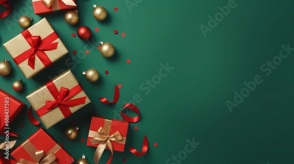 Fototapeta Festive anticipation captured! Top view craft paper gift boxes, red and gold baubles, Christmas tree shaped party glasses, confetti adorn a green backdrop, leaving space for your New Year's message