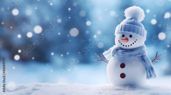 Fototapeta Little snowman in the blurred snow background banner,Christmas background