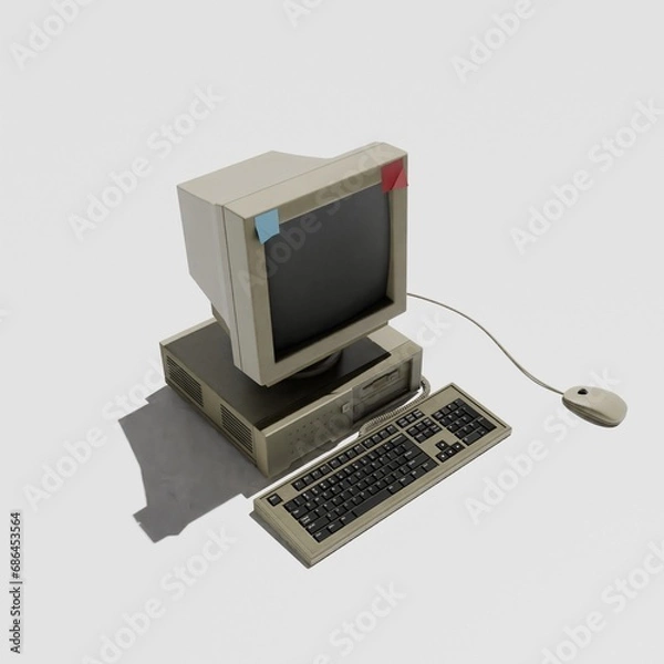 Fototapeta old computer 3d rendering isolated on white background from top view sunlight.