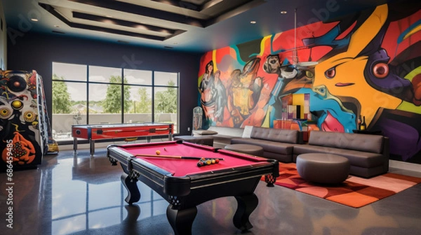 Fototapeta  Game room with a pool table, arcade games, and vibrant wall art