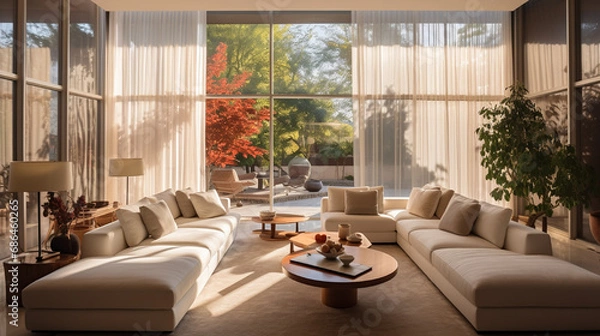 Obraz Sunlight streaming through sheer curtains, highlighting a contemporary living room with plush sofas and vibrant accent pillows