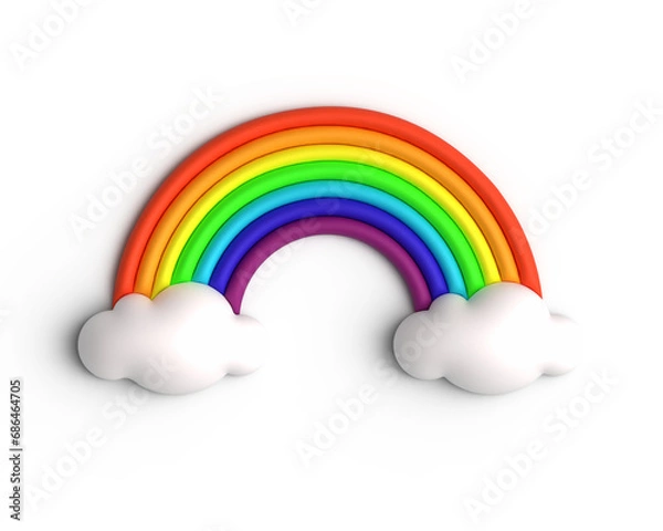 Fototapeta colourful 3D render rainbow arc and clouds on isolated in sky blue background bright colors cartoon style icon minimal, cute realistic plastic weather, LGBT community, holiday object seasonal concept