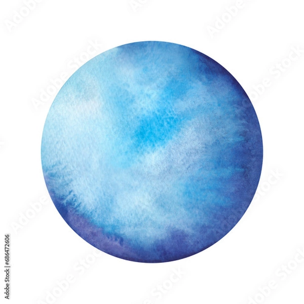Fototapeta A blue watercolor planet isolated on a white background, hand-drawn. A decorative element for design and decoration. Round textured background with gradient. An abstract spot, a dot.