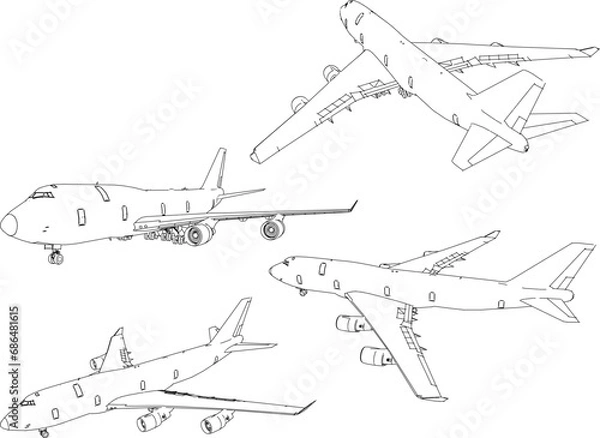 Fototapeta Vector sketch illustration of commercial airplane design with many passengers