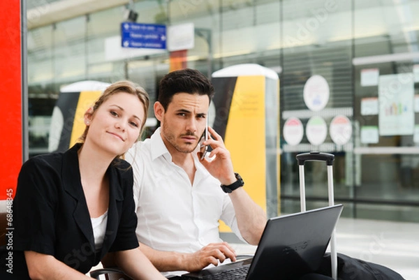 Fototapeta business people station working computer public wifi area