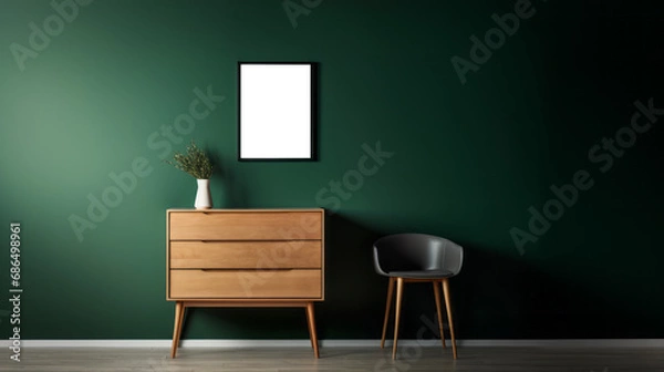 Fototapeta Elegant green interior with a wooden chest and framed blank white poster, complemented by lush drapery. Generative AI