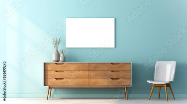 Fototapeta Contemporary teal wall with wooden chest and white decor. Generative AI