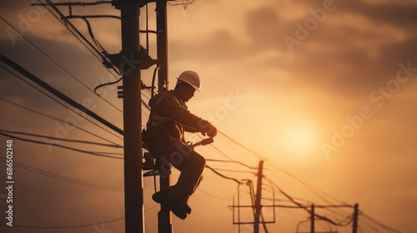 Fototapeta Man working on an electrical pole