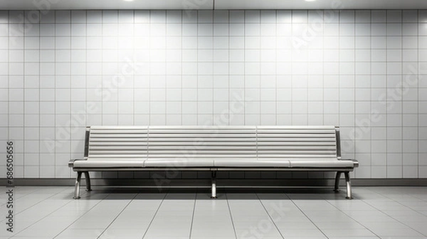 Fototapeta Silver public bench against a tiled wall in an empty station. Minimalist design concept Generative AI