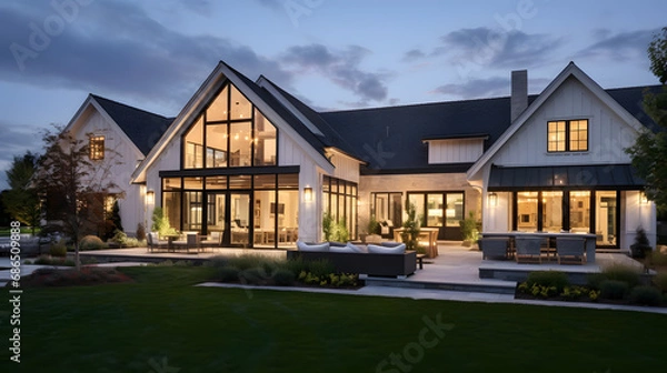 Obraz Beautiful modern farmhouse style luxury home exterior at twilight. generative ai.