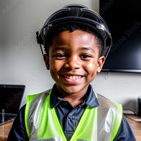 Fototapeta Child construction worker POV video call on zoom on webcam teaching construction safety