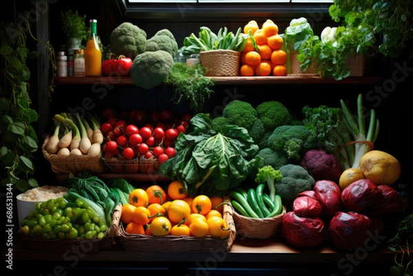 Fototapeta Fresh fruits and vegetables on the counter in the store