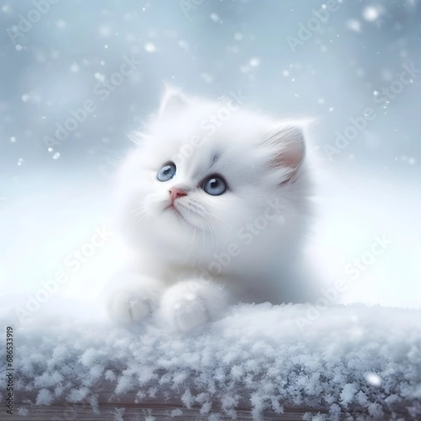 Fototapeta Cute little kitten looks at the falling snow