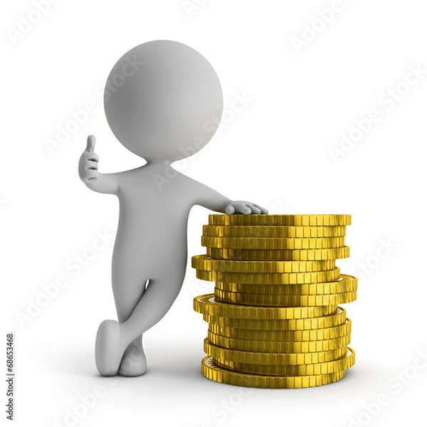 Obraz 3d cute people - standing with stack of gold coins (financial su