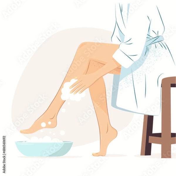Obraz The girl washes her legs with a washcloth. Caring for your legs. A woman does skin care procedures against corns on her legs. Spa pedicure and pilling cream. Flat vector illustration.