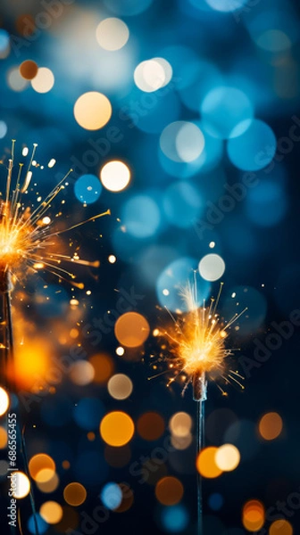 Fototapeta Close-up Sparkling Firework with Golden Sparks and Blue Bokeh Background Celebrating Festive Event and Excitement