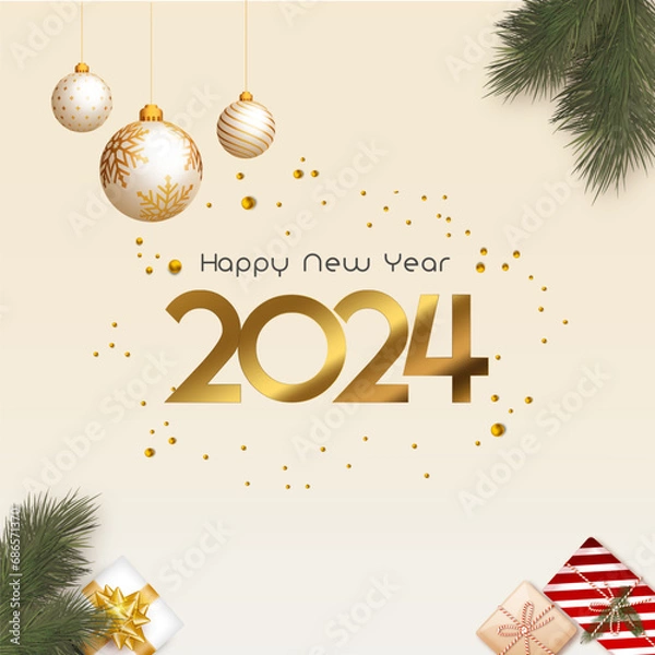 Fototapeta Happy new year 2024 elegant modern greeting, typography elegant background, clean minimalist greeting for social media